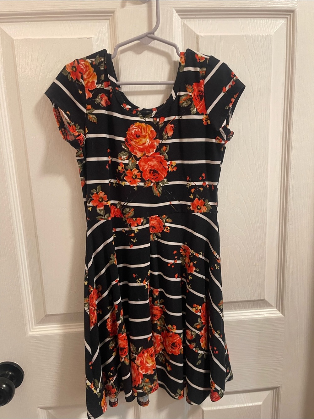 Girls Black & Orange Floral Striped Casual Dress